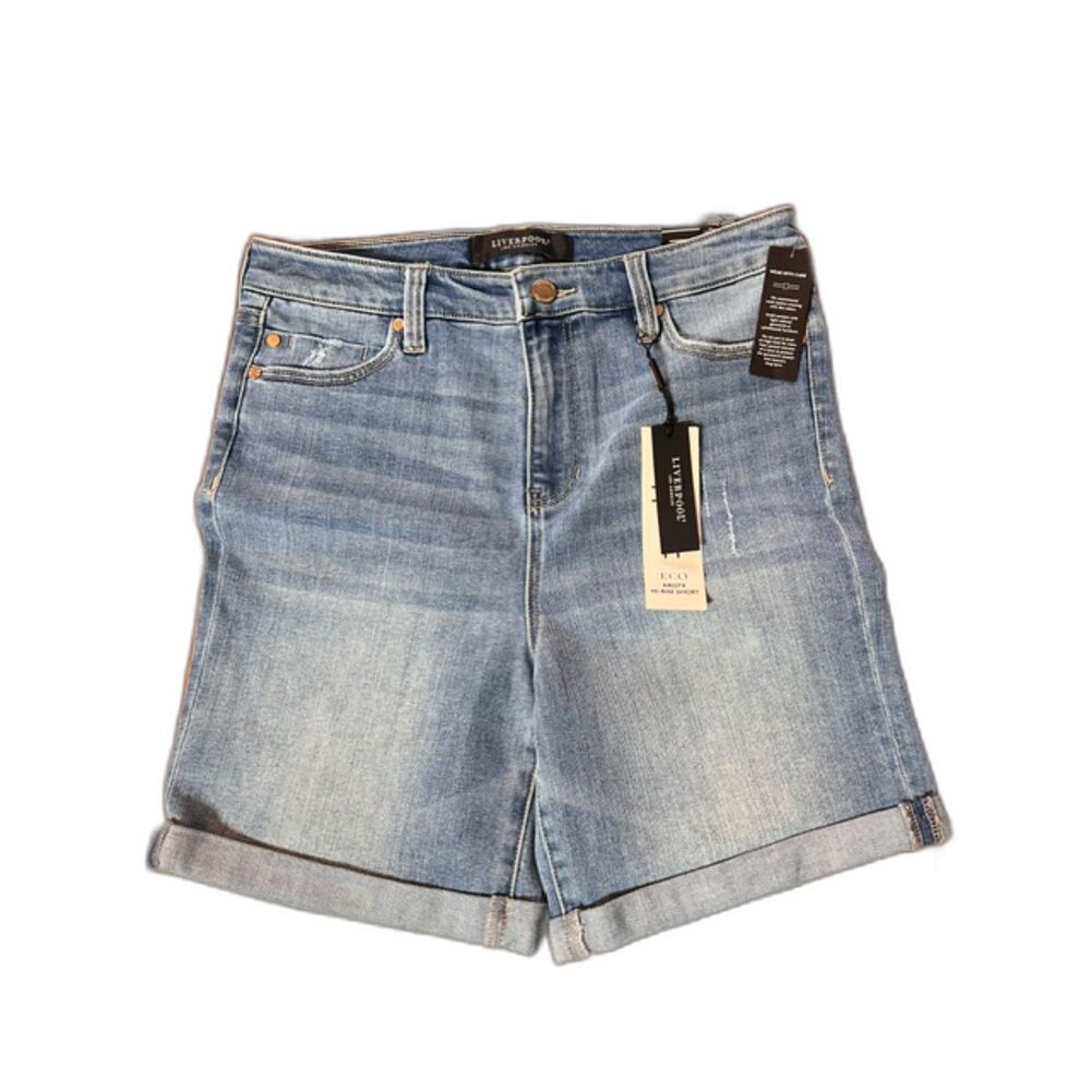 Liverpool Kristy Eco Hi-Rise Denim Shorts 6/28 Blue High Waisted Cuffed Jean